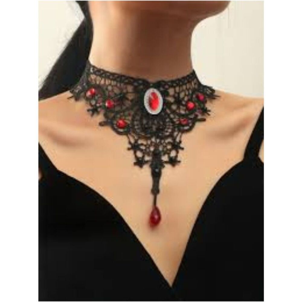 NWT Gothic Black Lace Choker Red & Black Cabochons Teardrop Bead - Picture 4 of 6